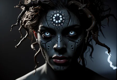 . A close-up shot of a haunted banshee, seen from the side highlighting the intricate runes carved into her face, her hair wild and tangled, with fragments of bone and dried leaves woven in, her skin showing cracks along her cheeks and forehead with dark, pulsing light emanating from within, lit by the cold flashes of distant lightning, briefly illuminating her eyes with an unsettling gleam, <lora:bv-demonic-skin-runes.safetensors:0.7000000000000001:0.7000000000000001>