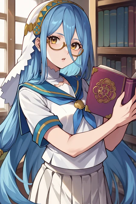 score_9, score_8_up, score_7_up, score_6_up, source_anime, BREAK 1girl, solo, <lora:azura-pdxl-nvwls-v1-000006:1> defAzu, blue hair, white veil, white shirt, short sleeves, glasses, serafuku, pleated skirt, holding book, library, looking at you, chestnut mouth,