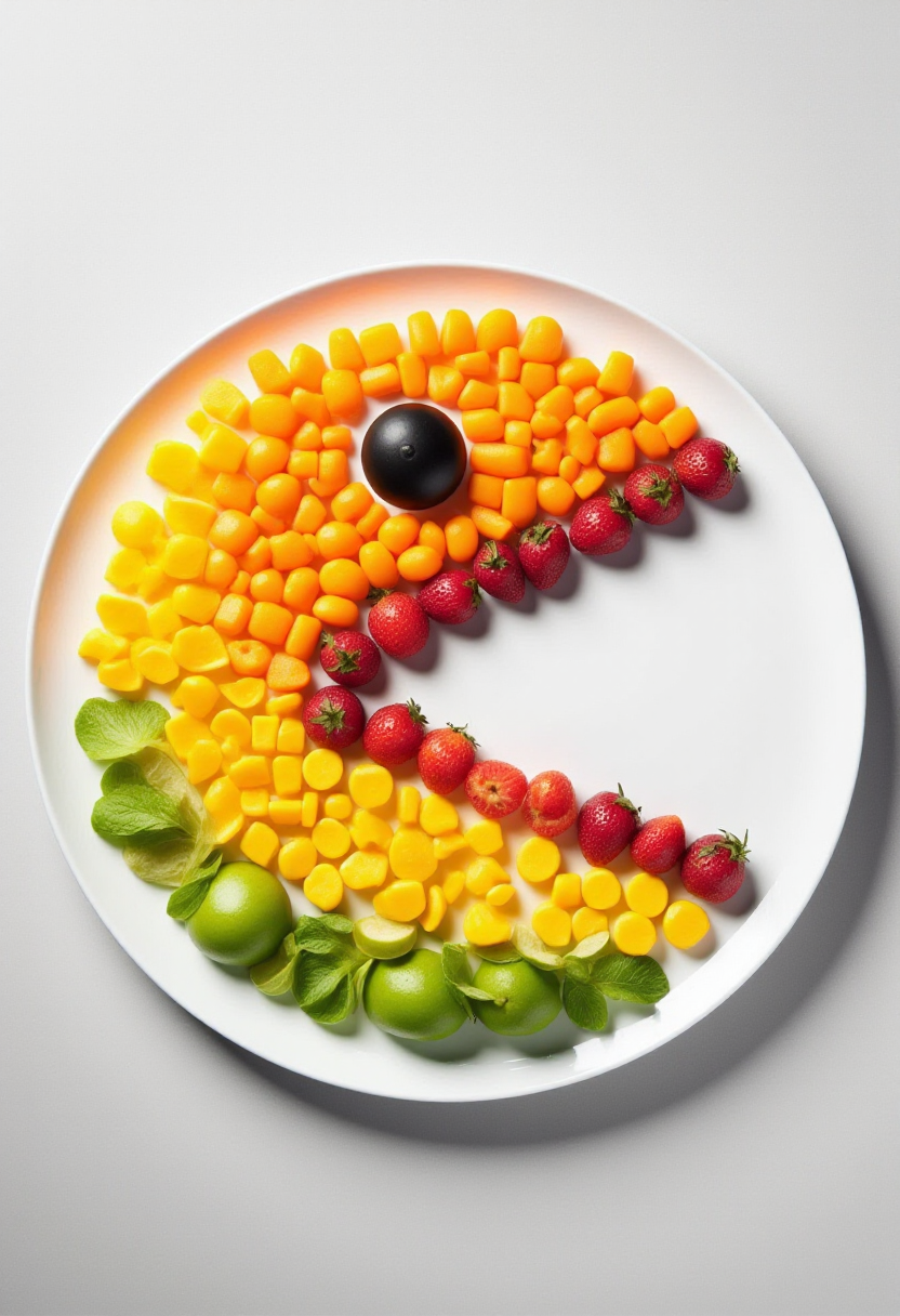 <lora:Food_Formations_FLUX-000016:1.1>
This image is a vibrant, high-resolution photograph showcasing a creative and colorful arrangement of various fruits arranged to form the shape of Pac Man on a white plate.