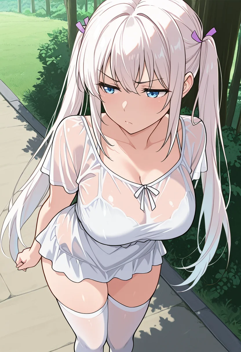 masterpiece,high quality details,
outdoors,
<lora:Komako_Semenovich:0.8> komako_cnr, 1girl, white hair, very long hair, twintails, blue eyes,sidelocks, hair ribbon,(aged up:1.2), (mature female:1.1),, annoyed,furrowed brow,, peplum top ,see-through shirt ,socks over thighhighs, ,white thighhighs,