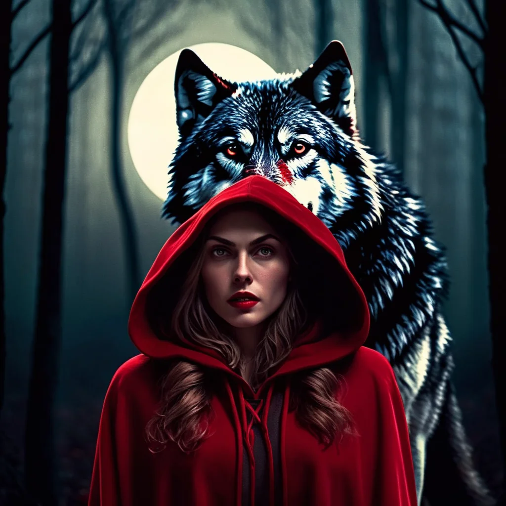 cinematic film still of <lora:Little Red Riding Hood style:1.2>
Little Red Riding Hood a woman in a red hoodie and a wolf with full moon in background in the woods Full Shot Little Red Riding Hood Style, shallow depth of field, vignette, highly detailed, high budget, bokeh, cinemascope, moody, epic, gorgeous, film grain, grainy