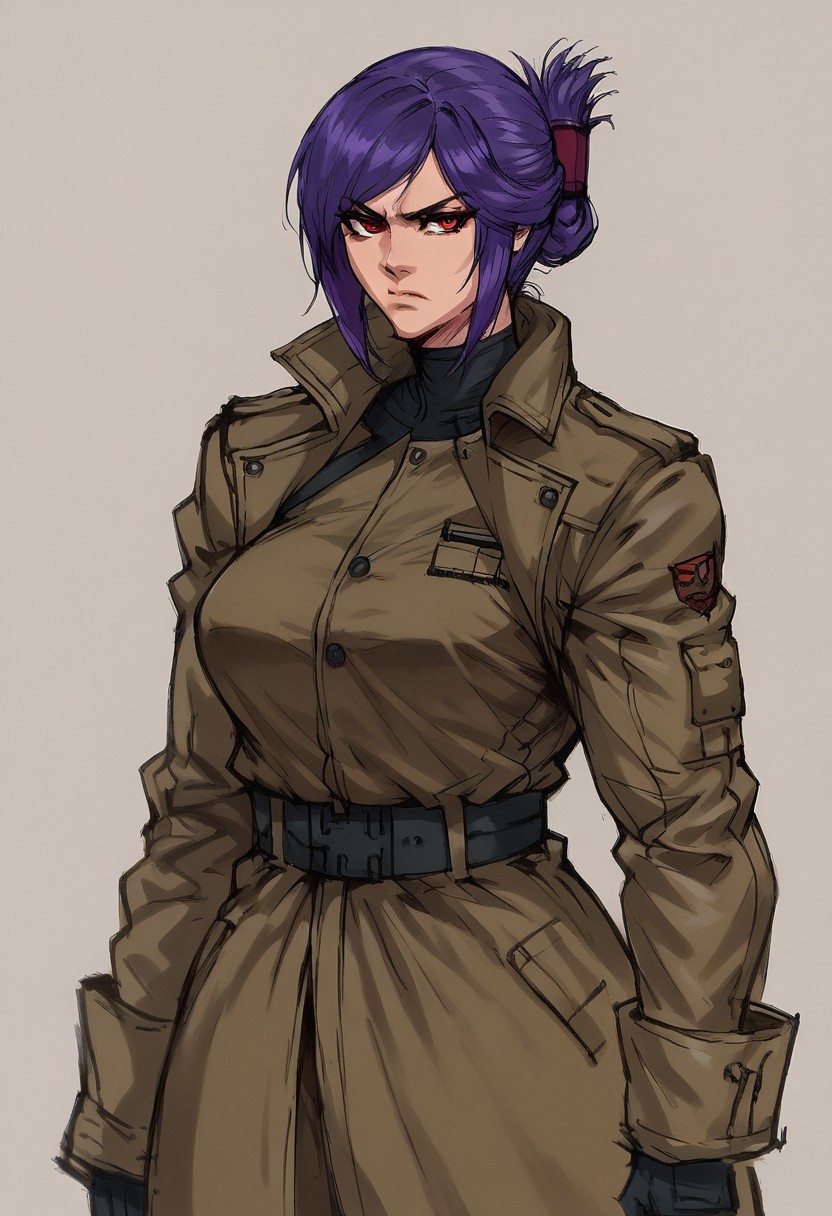 score_9, score_8_up, score_7_up, beatyfull color, aesthetic, 
yoji_shinkawa, sketch,
solo, 
1girl,
sabia, human, purple hair, red eyes, folded ponytail,
trenchcoat,
large breasts, 
closed mouth, serious, looking at viewer,