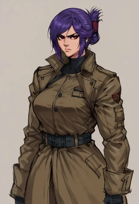 score_9, score_8_up, score_7_up, beatyfull color, aesthetic, 
yoji_shinkawa, sketch,
solo, 
1girl,
sabia, human, purple hair, red eyes, folded ponytail,
trenchcoat,
large breasts, 
closed mouth, serious, looking at viewer,