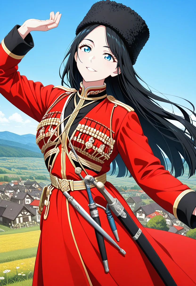 Graphic Design, color art, vibrant colors, colorful, intricate details, high contrast, detailed background, beautiful detailed, beautiful face, detailed eyes, detailed face, newest, new, k4z4k, 1girl, solo, black hair, long hair, blue eyes, black fur hat, red coat, black shirt, sheath, sword, military uniform, medium breasts, blue sky, dagger, dynamic pose, looking at viewer, dancing, smile, happy, parted lips, wind, village, 
