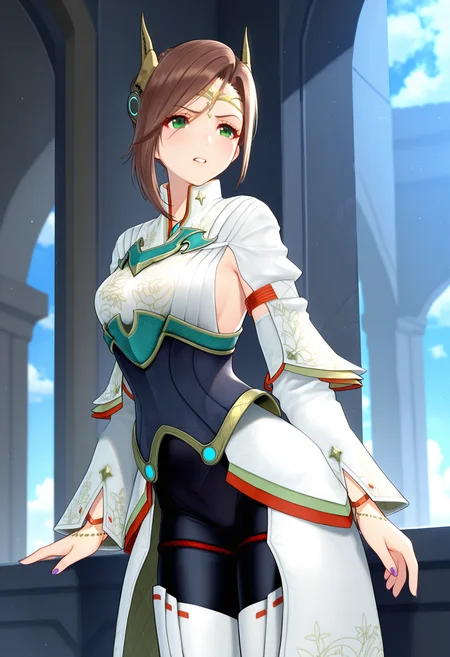 masterpiece, best quality, good quality, xenoblade, long sleeve shirt, leggings, thigh boots, breastplate, short hair, waist cape, green eyes, circlet, mechanical horns, bracelet, covered crystal, purple nails, alexandria <lora:alexandria illustrious 111:1>