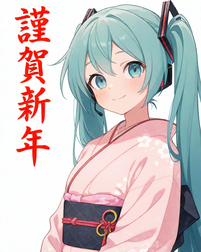 1girl, solo,  smile, \(troubled eyebrows:0.6\), 
hatsune miku, 
<lora:newyear_IL_v2:1>, (new year), nengajou, (happy new year:1.5), japanese clothes, kimono, long sleeves, sash, obi, 
pastel colors, calm colors, anime screencap, photorealistic, best quality, newest, absurdres, highres, <lora:dmd2_sdxl_4step:1>