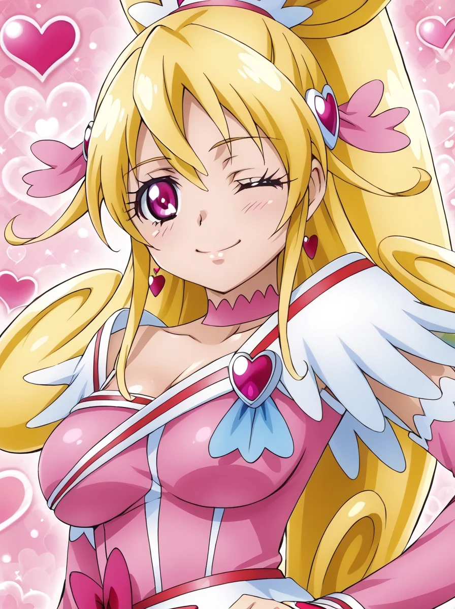 detailed background, shiny skin, posing, 
<lora:cureheart.pony:1>,
cureheart,
large breasts,
half-closed eyes, one eye closed,