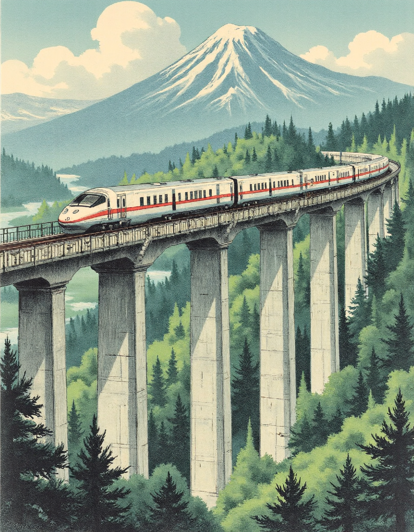 ssf-lit06r4phy, a bullet train on a huge bridge in a japanese landscape