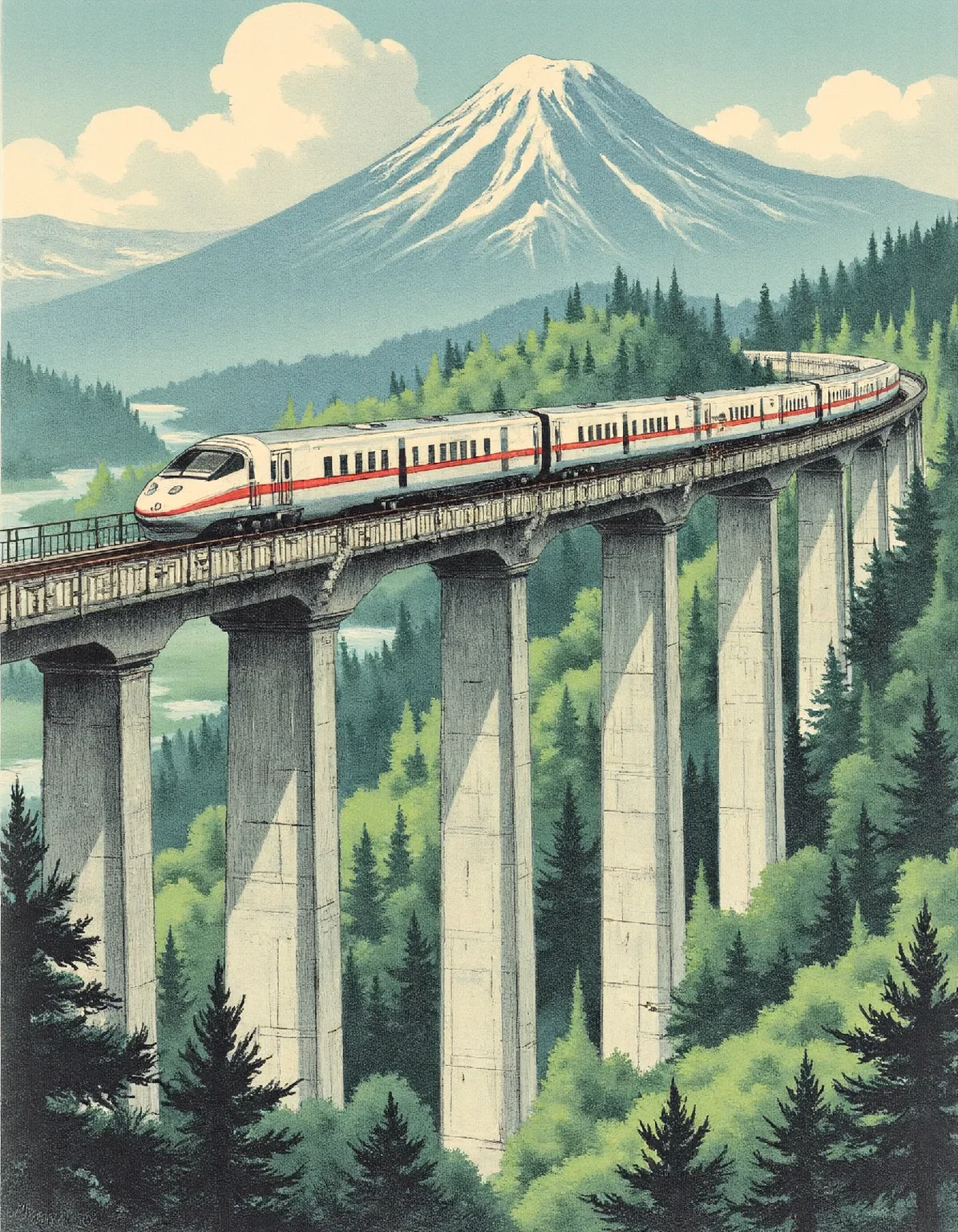 ssf-lit06r4phy, a bullet train on a huge bridge in a japanese landscape