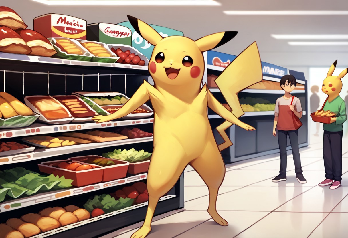 score_9, score_8_up, score_7_up BREAK Longchu, yellow body, black round eyes, black ear tips, red circle cheeks, full body, tall, long legs, crowded supermarket indoors, crowded supermarket background, shopping for groceries, happy,