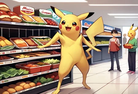 score_9, score_8_up, score_7_up BREAK Longchu, yellow body, black round eyes, black ear tips, red circle cheeks, full body, tall, long legs, crowded supermarket indoors, crowded supermarket background, shopping for groceries, happy,