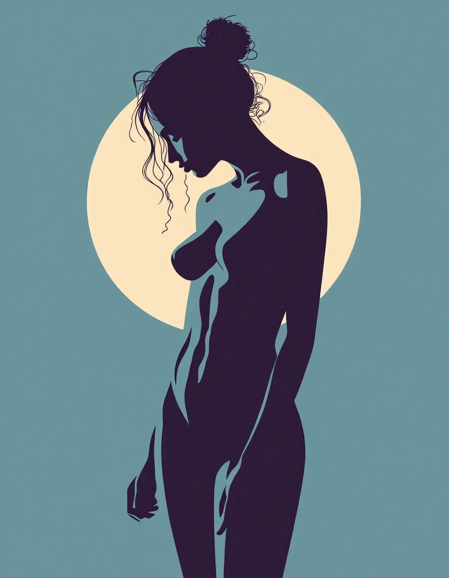 A digital illustration in minimalistic style about the side silhouette of a naked woman with hair bun over a simple background.