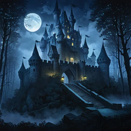 hunted castle in a dark forest, at night, webs, mist, fog, fantasy, rpg, rpgartworkstyle, artwork, detailed, <lora:RpgArtworkStyle_v1:0.9>