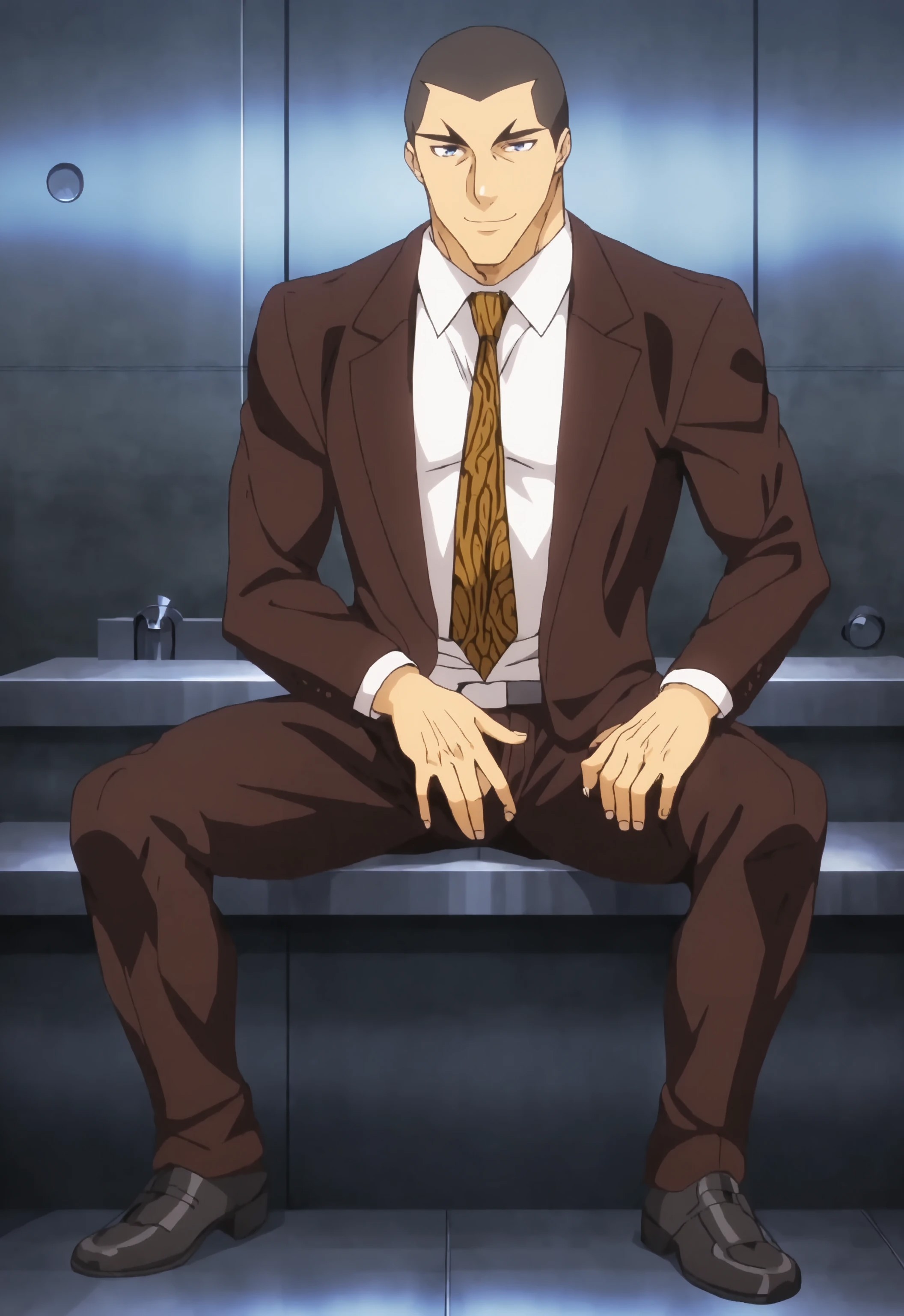 safe_pos, safe_pos, score_9, score_8_up, rating_nsfw, ultra hd, absurdres, best quality, best aesthetic, masculine, solo, 1boy, male focus, perfect proportions, handsome,  erotic, alluring, hand with five fingers, mature male,

FoodDojima, buzzcut, formal, neck tie, shirt, anime screencap, Expressiveh, open eyes, flirty smile, full body, grabbing crotch