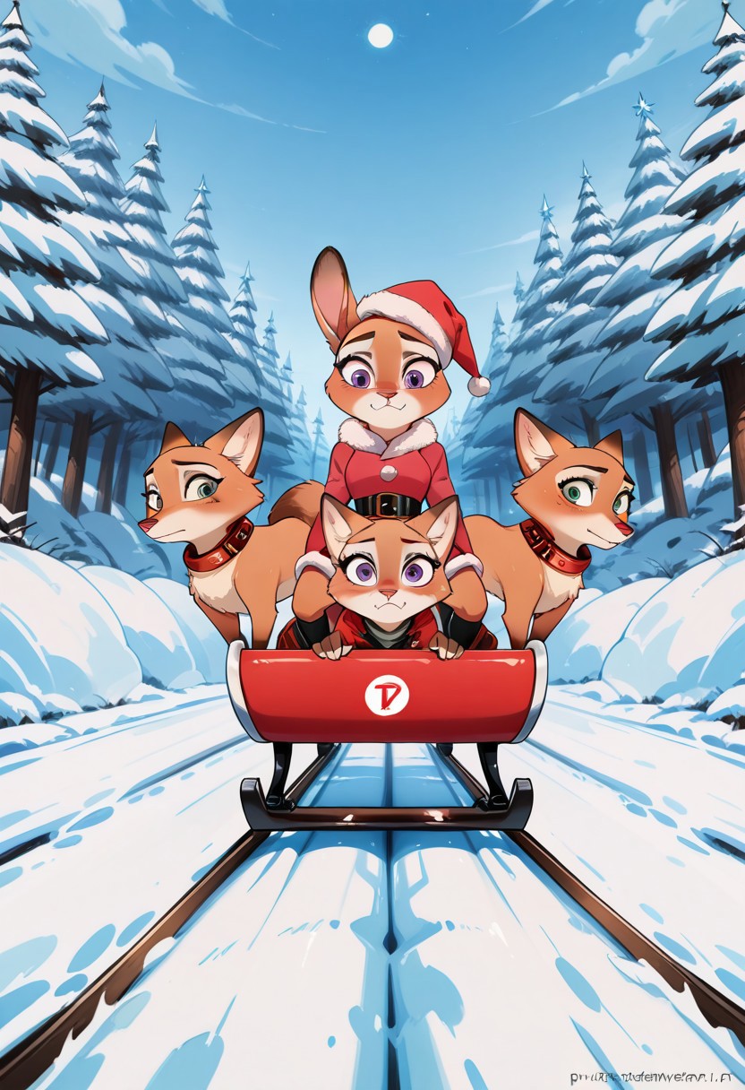 a group of animals riding on top of a sled, poster art by Pu Hua, featured on deviantart, furry art, of a fox wearing a santa hat, zootopia (2016), furry anime