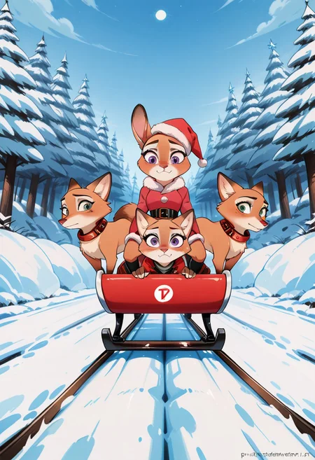 a group of animals riding on top of a sled, poster art by Pu Hua, featured on deviantart, furry art, of a fox wearing a santa hat, zootopia (2016), furry anime