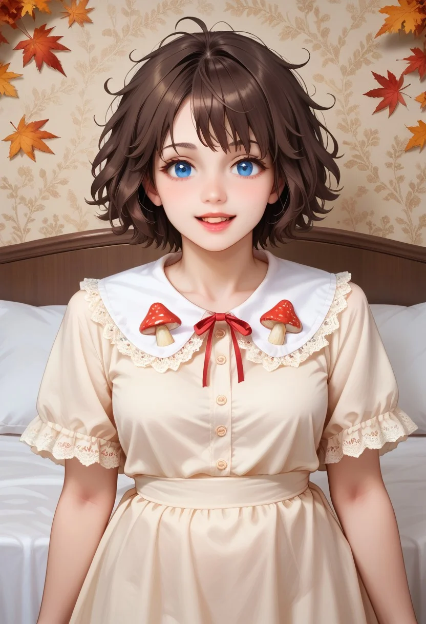 score_9, score_8_up, score_7_up,
masterpiece, best quality, detailed, amazing quality,
detailed background, bedroom, bed, pillows,
detailed eyes, clean eyes,
dynamic pose,
solo, 1woman, woman,
easynegative,
slutty_m3l0dy, pale skin, short hair, blue eyes, dark brown hair, messy hair, curvy, happy,
cute dress, decorative_collar, embroidery, bow, ribbon, lace, mushroom, forest motifs, red, autumn leaves