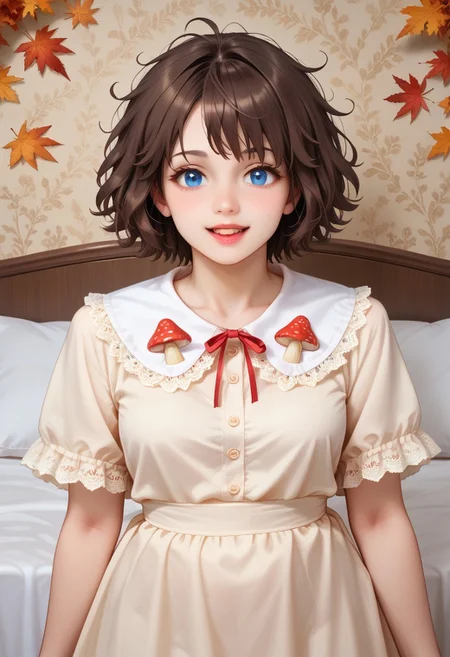 score_9, score_8_up, score_7_up,
masterpiece, best quality, detailed, amazing quality,
detailed background, bedroom, bed, pillows,
detailed eyes, clean eyes,
dynamic pose,
solo, 1woman, woman,
easynegative,
slutty_m3l0dy, pale skin, short hair, blue eyes, dark brown hair, messy hair, curvy, happy,
cute dress, decorative_collar, embroidery, bow, ribbon, lace, mushroom, forest motifs, red, autumn leaves