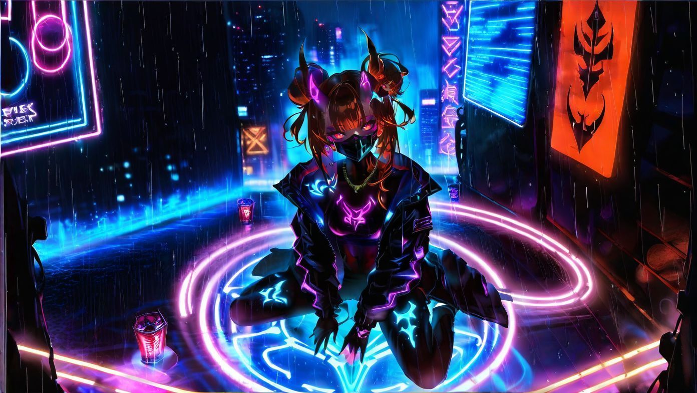 1girl, teen , medium breast   , black jacket, night, night city, neon light, cyberpunk, depth of field, glowing, glowing eyes, vivid red eyes , deep orange hair, long hair , double bun drill hair , hair_pulled_back ,  head tilt , jacket, jewelry, necklace, neon lights, open clothes, open jacket, rain, oni girl, oni horns, ((mouth mask)), (glowing blue neon tattoo:1.2), from above, Sitting, wariza,  (silhouette), harada miyuki style, masterpiece, best quality, <lora:harada_miyuki_style:1>
