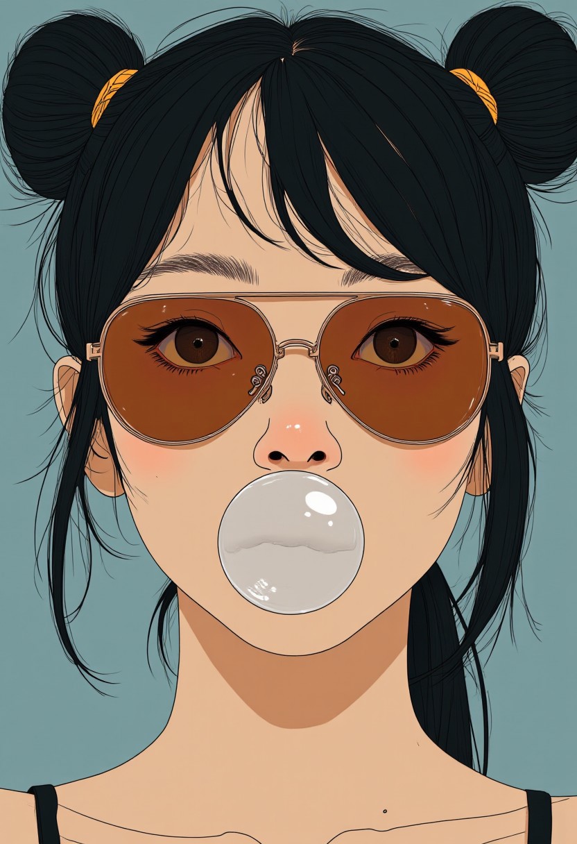 A (closeup portrait) of a 26 year old Japanese woman. She has black hair tied up in 2 side buns. She has sunglasses on with dark gold lenses. She is blowing a bubble with gum.