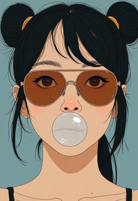 A (closeup portrait) of a 26 year old Japanese woman. She has black hair tied up in 2 side buns. She has sunglasses on with dark gold lenses. She is blowing a bubble with gum.