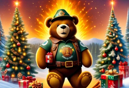 Candid photography, (Smokey The Bear), smoking cigarette, pointing at camera, forest of decorated christmas trees on fire, High detail, cinematic lighting, vibrant colors, and a holiday atmosphere brimming with decorations, (masterpiece, best quality:1.2), xmastedx