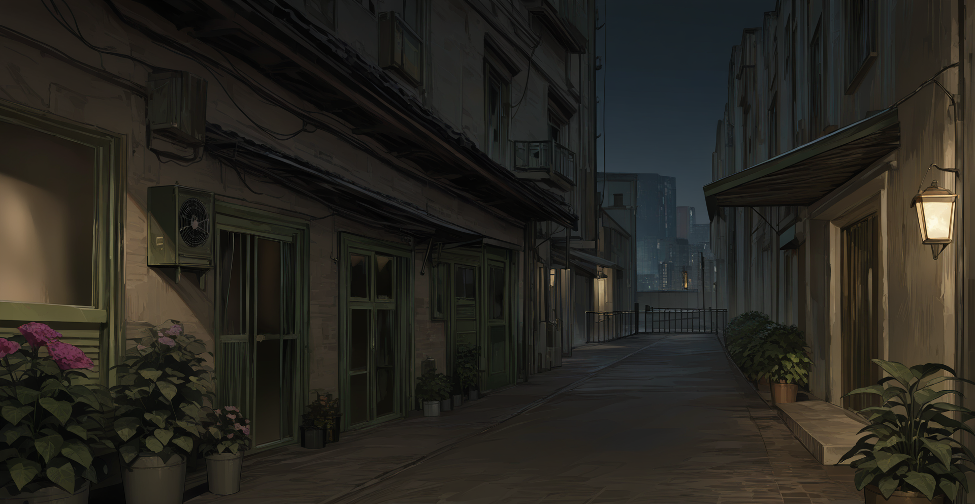 perfect quality,high quality,masterpiece,best quality,amazing quality,very aesthetic,absurdres,newest,
scenery, plant, potted plant, building, outdoors, window, flower pot, railing, stairs, lantern, air conditioner, industrial pipe, road, sky, door, city, lamppost, dark, alley,,no humans,
<lora:lora-000010.by_tusi:1>,art3112,<lora:spo_sdxl_10ep_4k-data_lora_webui:0.6>,