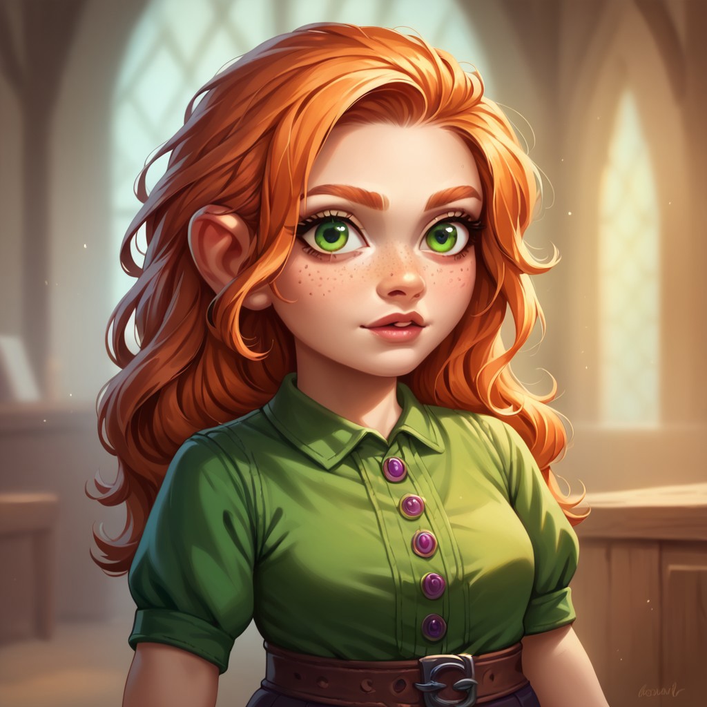(((detailed, beautiful, high quality))), score_9, score_8_up, score_7_up, upper body, 
Gnome, short stature, shortstack, big eyes, big ears,
1 girl, ginger hair, long hair, green eyes, freckles, green shirt, medieval office shirt,
looking at the viewer, posing, 
blurred background, fantasy background, rustic background,