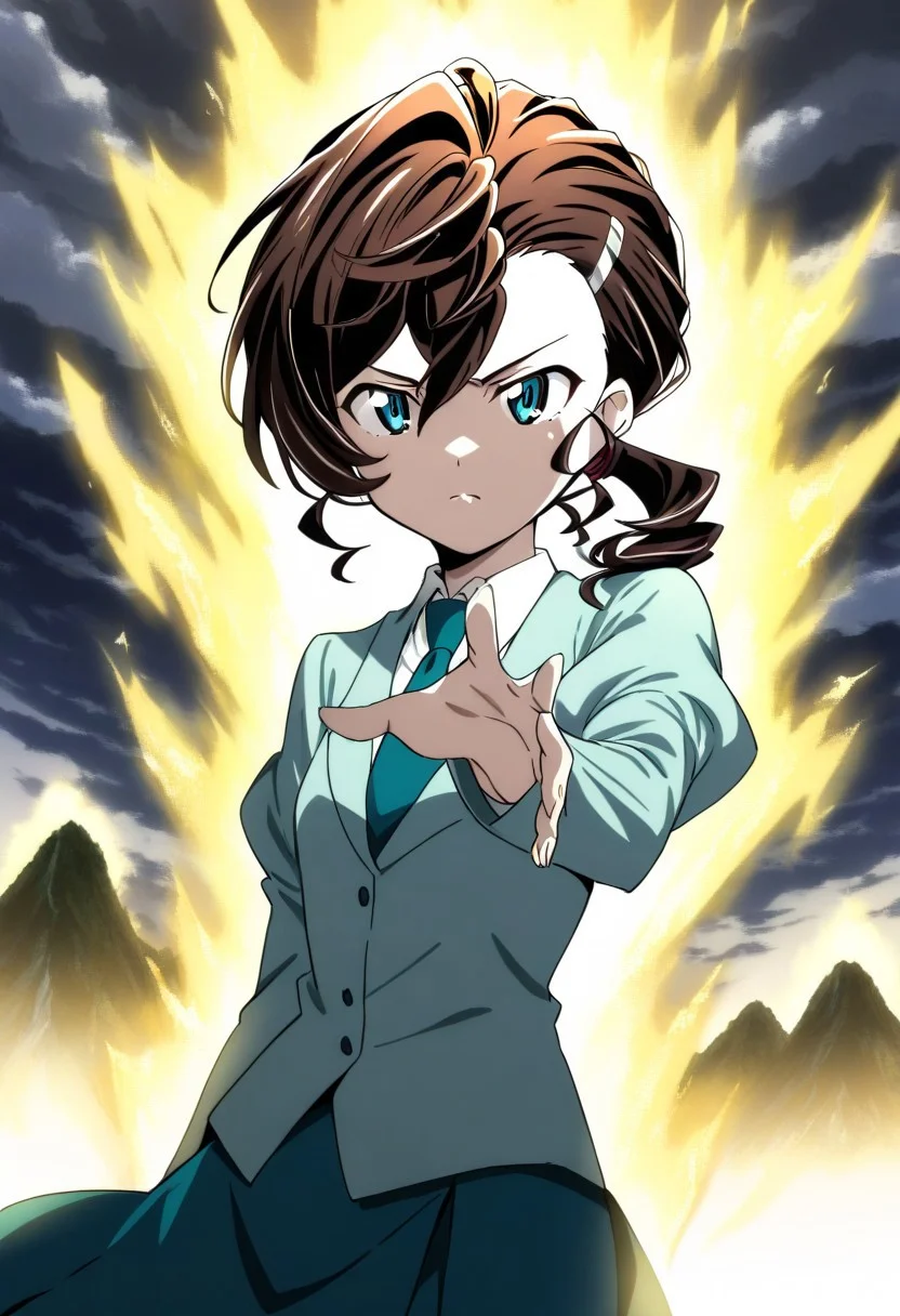 masterpiece, best quality, very aesthetic, absurdres,perfect,1girl,Inuyama Mana,GeGeGe no Kitarou,solo,cowboy shot,cloudy sky,craggy mountain,1 hair tie,determined,reaching towards viewer,blue eyes,school uniform,(white shirt:1.2),(juliet sleeves:1.2),(celadon blazer:1.2),(dark sea-green necktie),(dark sea-green skirt),(single hair intake:1.5),(wavy hair),(swept bangs) and (hair pulled back:1.2),hair between eyes,(low ponytail),Ahoge,(Brown) medium hair,sideburns, 1 silver hairpin,(gold aura)