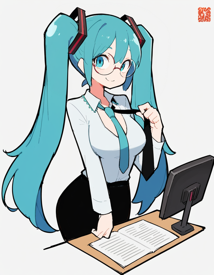 score_9, score_8_up, score_7_up, score_6_up, score_5_up, score_4_up, source_anime, BREAK <lora:Eiken3kyuboy_Artist_Style_ponyXL-000018:1> office lady,  hatsune_miku, solo, 1girl, blue eyes,smile, cowboy_shot, closeup,necktie , looking at viewer, pale skin, cleavage, simple_background, white_background, curvy,round glasses, adjusting necktie, black suite , black pants, diagrams in the background,leaning on a desk ,