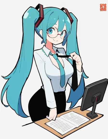 score_9, score_8_up, score_7_up, score_6_up, score_5_up, score_4_up, source_anime, BREAK <lora:Eiken3kyuboy_Artist_Style_ponyXL-000018:1> office lady, hatsune_miku, solo, 1girl, blue eyes,smile, cowboy_shot, closeup,necktie , looking at viewer, pale skin, cleavage, simple_background, white_background, curvy,round glasses, adjusting necktie, black suite , black pants, diagrams in the background,leaning on a desk ,
