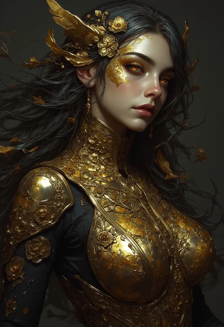 Golden statue of a woman, her skin composed of delicate, textured gold flakes, with chrome and golden flowers intricately woven into her hair, her eyes gleaming with a warm, golden light, wearing a majestic, windy-blown ornate gown with tattered, metallic petals, reminiscent of a dark, dystopian world, her face and shoulders illuminated by a soft, ambient glow, as if radiating an otherworldly energy, in the styles of Royo's dark, mystical realism, Artgerm's hyper-detailed, metallic sheen, and Lovecraft's eerie, atmospheric tension, with meticulous attention to intricate textures, dramatic shading, and a sense of haunting, ethereal beauty.