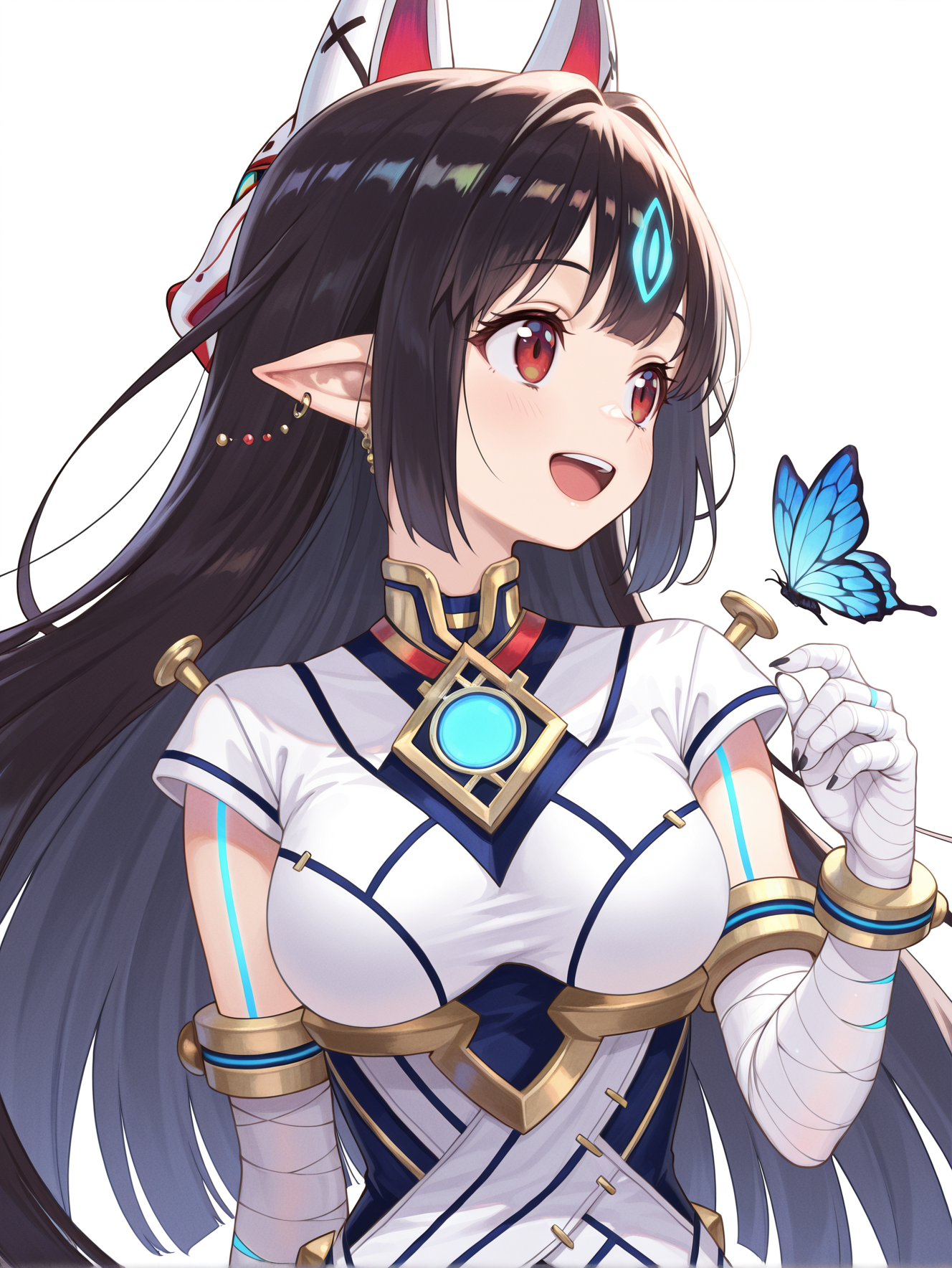 kasandra \(xenoblade\), 1girl, solo, smile, open mouth, looking to the side, simple background, white background, blue butterfly, fox mask on head back, white japanese dress, white bandaged gloves, ball earrings, blue body tattoo, blue chest jewel,
masterpiece,best quality,amazing quality,very aesthetic,absurdres,newest,<lora:Xenoblade Chronicles 2 - Kasandra illusXL v1.2:0.75>,