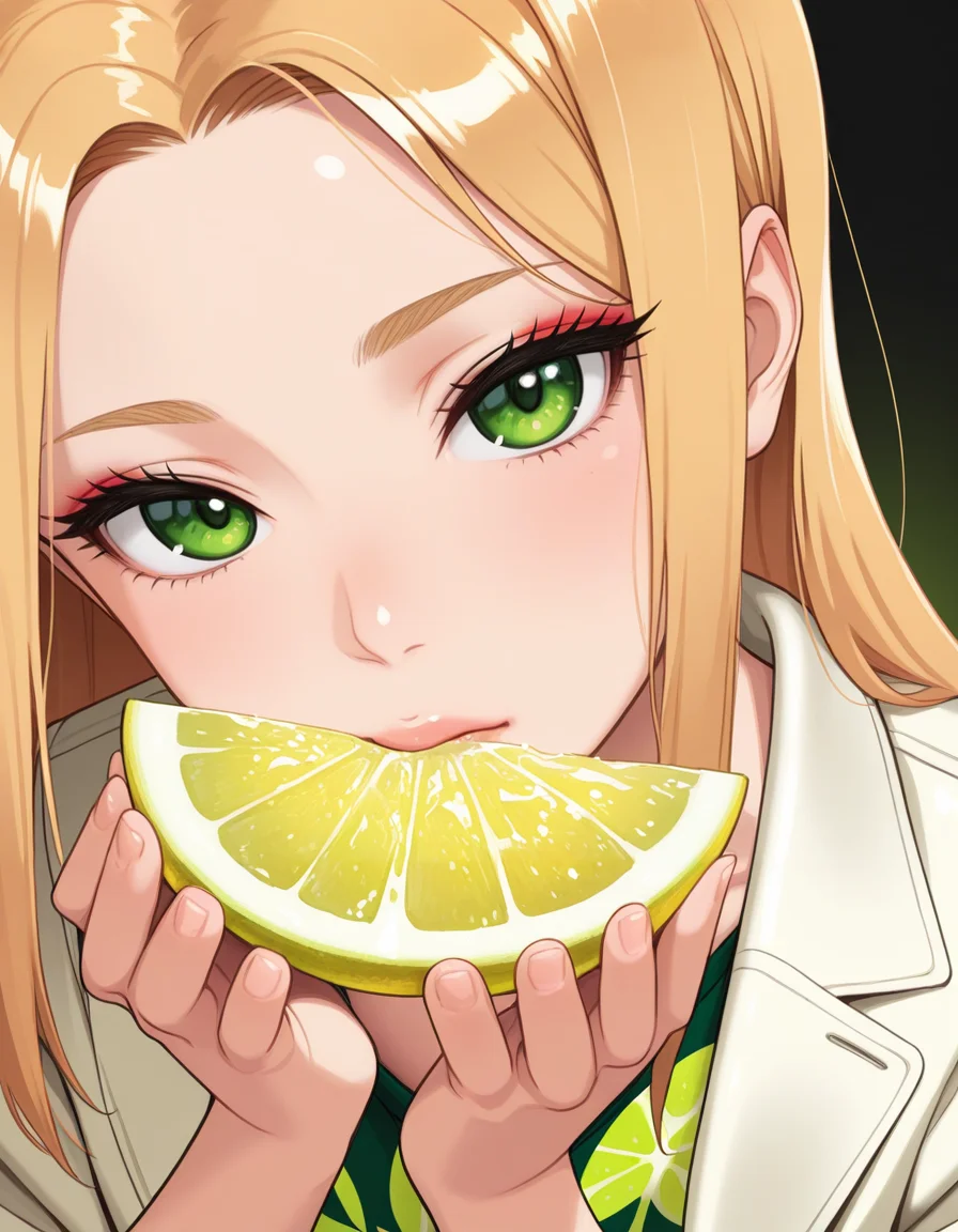 <lora:Like_Nuo_Style:0.25>, nu0, <lora:holo:0.25>, holo_ai, uncensored, <lora:Artist_Style_-_Pinkdrawz_v1.1_ILXL:0.25>, <lora:ExpressiveH_V2_Hentai_LoRa_Style_ã¨ãã¢ãã¡:0.25>, expressiveh, (masterpiece, best quality, ultra-detailed, absurdres, newest, detailed textures, correct anatomy:1), very aesthetic, detailed_hands, elegant_fingers,
1girl, close-up, beautiful, fair skin, green eyes, blonde hair, casual hairstyle, wearing a white jacket with a bold green citrus print, lemon slices, lime slices, green and white background, geometric patterns, vibrant colors, modern style, studio lighting, sharp focus, natural makeup, soft expression, minimalistic setting, centered composition, contemporary fashion, youthful, fresh look, clean aesthetic, high contrast, bright colors