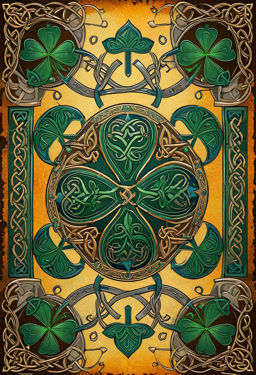 illuminated manuscript style illustration, ancient Celtic warrior's armor, ornate details, stylized glowing shamrocks, Celtic symbols, parchment texture, intricate borders, vibrant colors