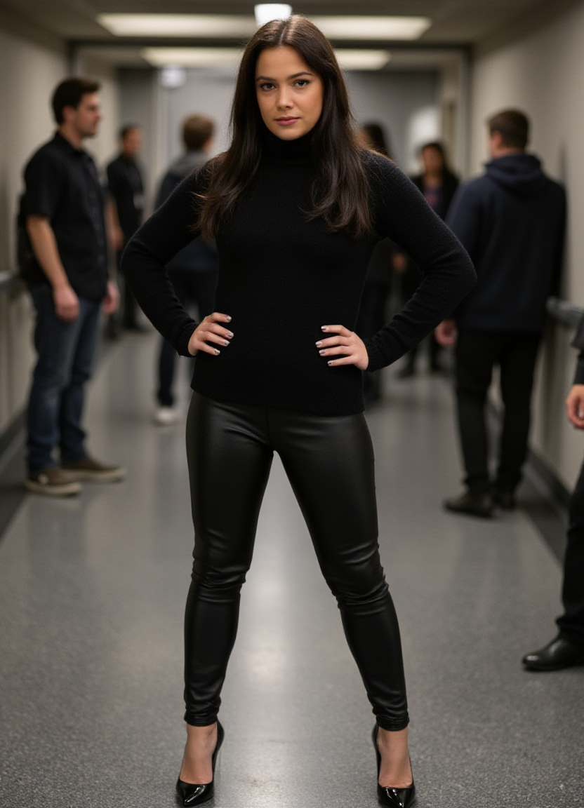 SFW, The image shows a woman standing in a hallway with her hands on her hips. She is wearing a black turtleneck top, black leggings, and black high heels. Her hair is styled in loose waves and she is looking directly at the camera with a serious expression. The background is blurred, but it appears to be an indoor space with other people walking around. The overall mood of the image is sophisticated and edgy., aidmaimageupgrader<lora:flux\custom\celebrity\lisa-synder.safetensors:1.0:1.0> <lora:turbo-8-step-flux.safetensors:0.5:0.5> <lora:flux\style\Common\aidmaImageUprader-FLUX-v0.3.safetensors:0.25:0.25>