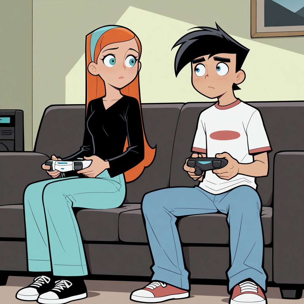 best quality, masterpiece, break, danjaz, (1boy, danny, black hair), (1girl, jazz, orange hair), siblings, sitting, sofa, game controller
