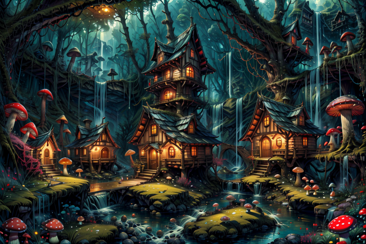((masterpiece,best quality)), absurdres, 8k, intricate, high detail,   
<lora:Magical_Forest_Home_v2:0.8>, Magical_Forest_Home,
a village of mushroom houses near a babbling brook, waterfall, bridges, 
mushrooms, Mushroom house, magic, glowing, <lora:more_details:0.7>