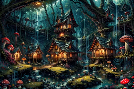 ((masterpiece,best quality)), absurdres, 8k, intricate, high detail,   
<lora:Magical_Forest_Home_v2:0.8>, Magical_Forest_Home,
a village of mushroom houses near a babbling brook, waterfall, bridges, 
mushrooms, Mushroom house, magic, glowing, <lora:more_details:0.7>