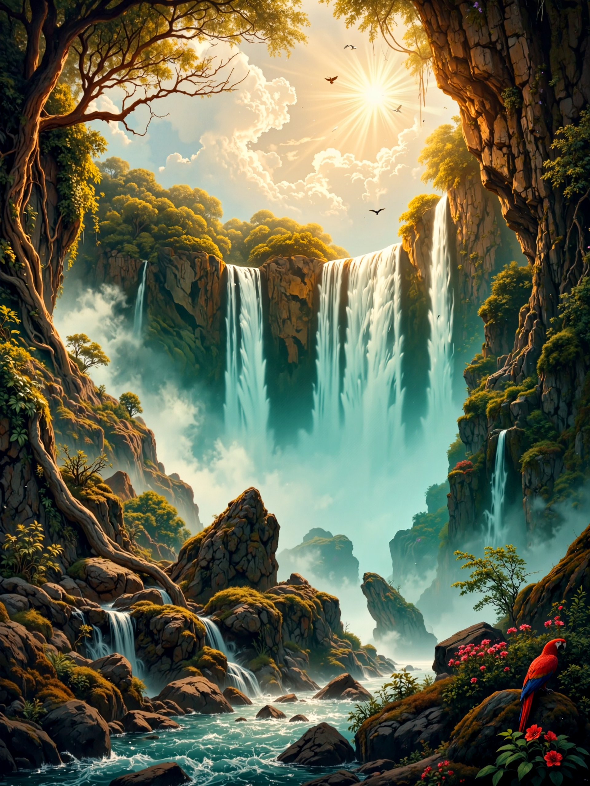 famous artwork, masterful use of light and shadow, masterful composition following the rule of thirds, chiaroscuro, dappled sunlight, romanticism oil painting of the awe-inspiring iguazu falls in the style of caspar david friedrich, an immense cascade of water thundering down into the mist-shrouded depths below, a breathtaking vision of unrestrained natural power, the composition is grand and dramatic, capturing the sheer scale of the falls as they carve through the lush, untamed rainforest, towering cliffs covered in verdant foliage frame the scene, their rugged, weathered surfaces bathed in soft golden light, the turbulent waters crash against the jagged rocks below, sending plumes of mist rising into the air, where they catch the sunlight in dazzling, prismatic hues, a pair of scarlet macaws flying over the falls add life to the scenery, the background features a vast, cloud-filled sky, a mixture of warm and cool tones as the light of the late afternoon sun filters through billowing storm clouds, shafts of sunlight break through, illuminating pockets of the dense jungle and highlighting the intricate textures of the cascading water, the rainforest is rich and vibrant, filled with dense vegetation, massive ferns, and ancient trees stretching toward the sky, the foliage is painted with masterful, expressive brushstrokes, evoking the untamed spirit of the wilderness, in the foreground, the river below swirls with movement, its deep emerald and turquoise waters reflecting the ever-changing sky, small details like birds soaring through the mist and delicate wildflowers growing between the rocks add life and realism to the composition, evoking a sense of awe and wonder, painted with rich, dynamic brushwork, the textures of water, stone, and foliage blend seamlessly, every detail capturing the grandeur and emotional intensity of the scene, deep, dramatic contrasts between light and shadow heighten the sense of depth and scale, a masterful work of romanticism that immerses the viewer in natureâs overwhelming majesty, ovg, style of rembrandt, <lora:style-caspar_david_friedrich-flux-by_tiberiana:0.84> <lora:style-rembrandt-flux-by_tangbohu:0.2> <lora:image_enhancer-flux-by_dever:0.8>