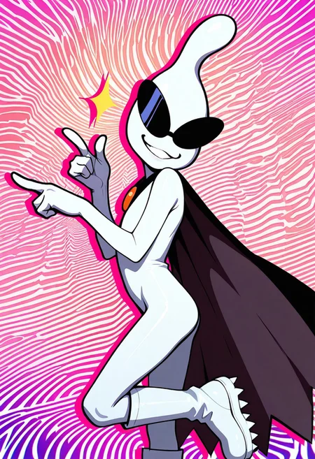 masterpiece, ultra detailed, amazing quality, absurdres, very aesthetic, solo focus, male focus, 1boy, 
orbulon_WW, white skin, alien, three fingers, sunglasses, covered eyes, knee boots, white footwear, spiked footwear, standing, brooch, cape, torn cape, :3, grin, teeth, sparkle, hands up, pointing, turning head, from side, leg up, standing on one leg, cowboy shot, slim, small butt, 
BREAK 
detailed shading, shadow, psychedelic background, multi-colored, WaiIL25PosC, g0th1c, glowing, neon lights,
