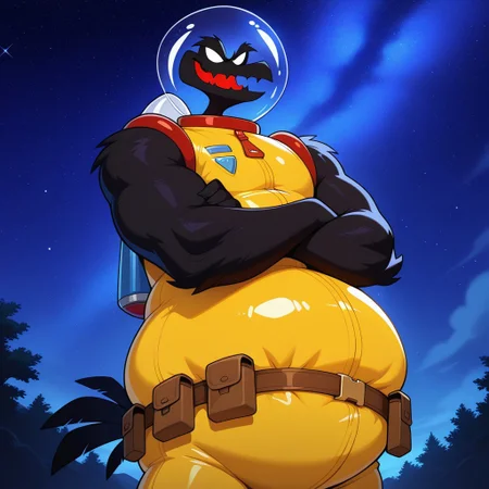 Psy-crow, black feathers, all black body, fangs, blank eyes, red inner mouth, white eyes, bushy eyebrows, feathered arms, black tail feathers, pear shaped body, big belly, yellow and red space suit, space helmet, utility belt, male, 1boy, furry male, solo, evil smile, smug, best quality, masterpiece, best quality, amazing quality, very aesthetic, absurdres, newest, high quality, starry night sky, night, moonlight, outdoors