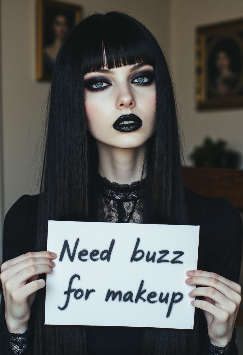 FictionalCrystal, goth girl with heavy black eye makeup and black lipstick. Holding a sign saying "Need buzz for makeup"