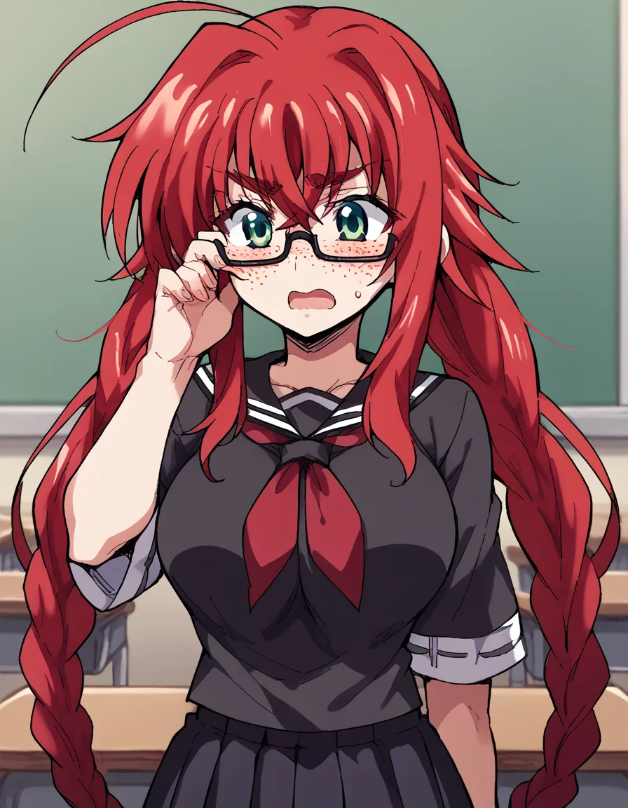 score_9, score_8_up, score_7_up, source_anime, <lora:rias-gremory-ponyxl-lora-nochekaiser:1>, rias gremory, huge ahoge, long hair, hair between eyes, green eyes, red hair, large breasts, <lora:jimiko-ponyxl-lora-nochekaiser:1>, jimiko, glasses, black-framed eyewear, messy, unkempt, thick eyebrows, twintails, braids, freckles, baggy eyes,, blush, open mouth, embarrassed, classroom, adjusting eyewear, serafuku, black serafuku, red neckerchief, skirt, black skirt, pleated skirt, cowboy shot, <lora:averting-eyes-ponyxl-lora-nochekaiser:1>, averting eyes,