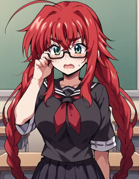 score_9, score_8_up, score_7_up, source_anime, <lora:rias-gremory-ponyxl-lora-nochekaiser:1>, rias gremory, huge ahoge, long hair, hair between eyes, green eyes, red hair, large breasts, <lora:jimiko-ponyxl-lora-nochekaiser:1>, jimiko, glasses, black-framed eyewear, messy, unkempt, thick eyebrows, twintails, braids, freckles, baggy eyes,, blush, open mouth, embarrassed, classroom, adjusting eyewear, serafuku, black serafuku, red neckerchief, skirt, black skirt, pleated skirt, cowboy shot, <lora:averting-eyes-ponyxl-lora-nochekaiser:1>, averting eyes,