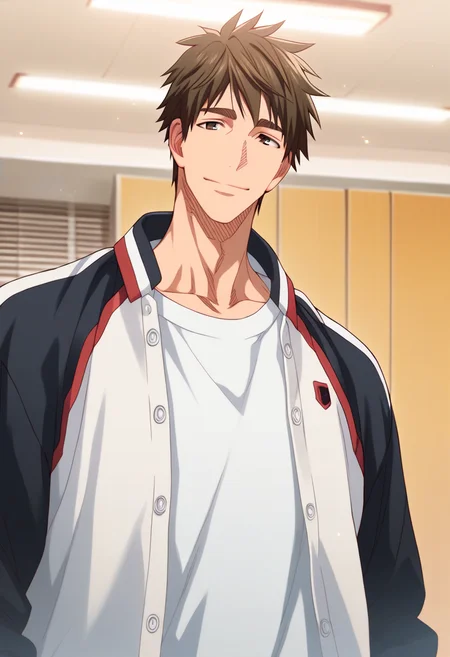 1boy, male focus, solo
<lora:Character - Kuroko no Basuke - Teppei Kiyoshi:1> teppeik, brown eyes, brown hair
,((zPDXL)), score_9_up, score_8_up, score_7_up, score_6_up, score_5_up, score_4_up, best quality, amazing quality, best aesthetic, absurdres, year2023, uncensored, nsfw, official art, official style, depth of field, detailed eye,
indoors, white track jacket, locker room, white shirt, white jacket, open jacket,
standing, smile, cowboy shot, facing viewer,
<lora:Style - Expressive_H-000001:1> expressiveh