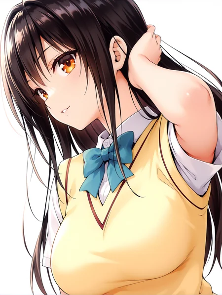 masterpiece,best quality,newest,
1girl,solo,general,
<lora:kotegawa_yui_ilxl_v1.2>,yui,black hair,long hair,orange eyes,y_clothes,short sleeve blouse,sweater vest,
<lora:Fixhands_anime_bdsqlsz_V1:1>,white background,simple background,face_focus,upper_body,looking_at_viewer,:o,smile,profile,dynamic_angle,cinematic_angle,dutch angle,hand in own hair,