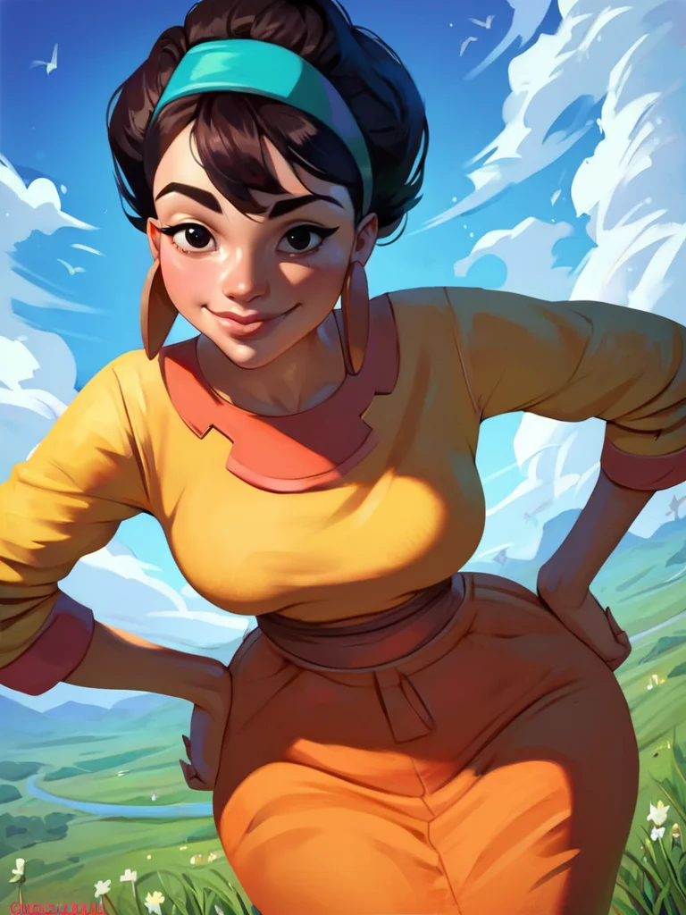 score_9, score_8_up, score_7_up, score_6_up, 1girl, leaning forward, hands on hips, very happy, black eyes, short hair, hairband, jewelry, yellow dress, orange long skirt, long sleeves, medium breasts, narrow waist,  looking at viewer, thick thighs, cowboy shot, dynamic pose, cute, wide shot, solo, sexually suggestive, hills, from above, blue sky, cloud, grass, realistic, 
<lora:ChichaXLP_character:1> ChichaXLP,
