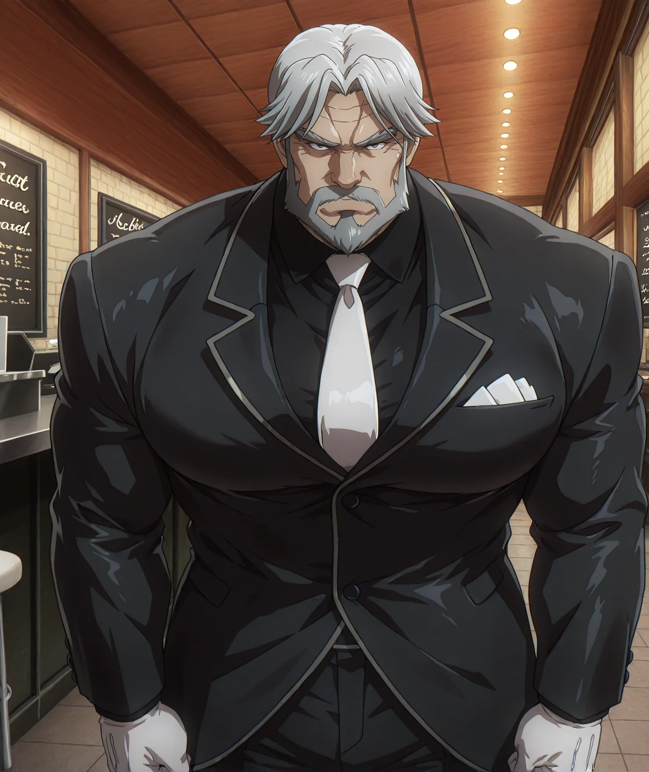 bara, muscular, male focus, SebasT1an, old man, mature, grey hair, short hair, thick eyebrows, beard, serious expression, looking at viewer, suit, black shirt, white tie, white gloves, black pants, restaurants