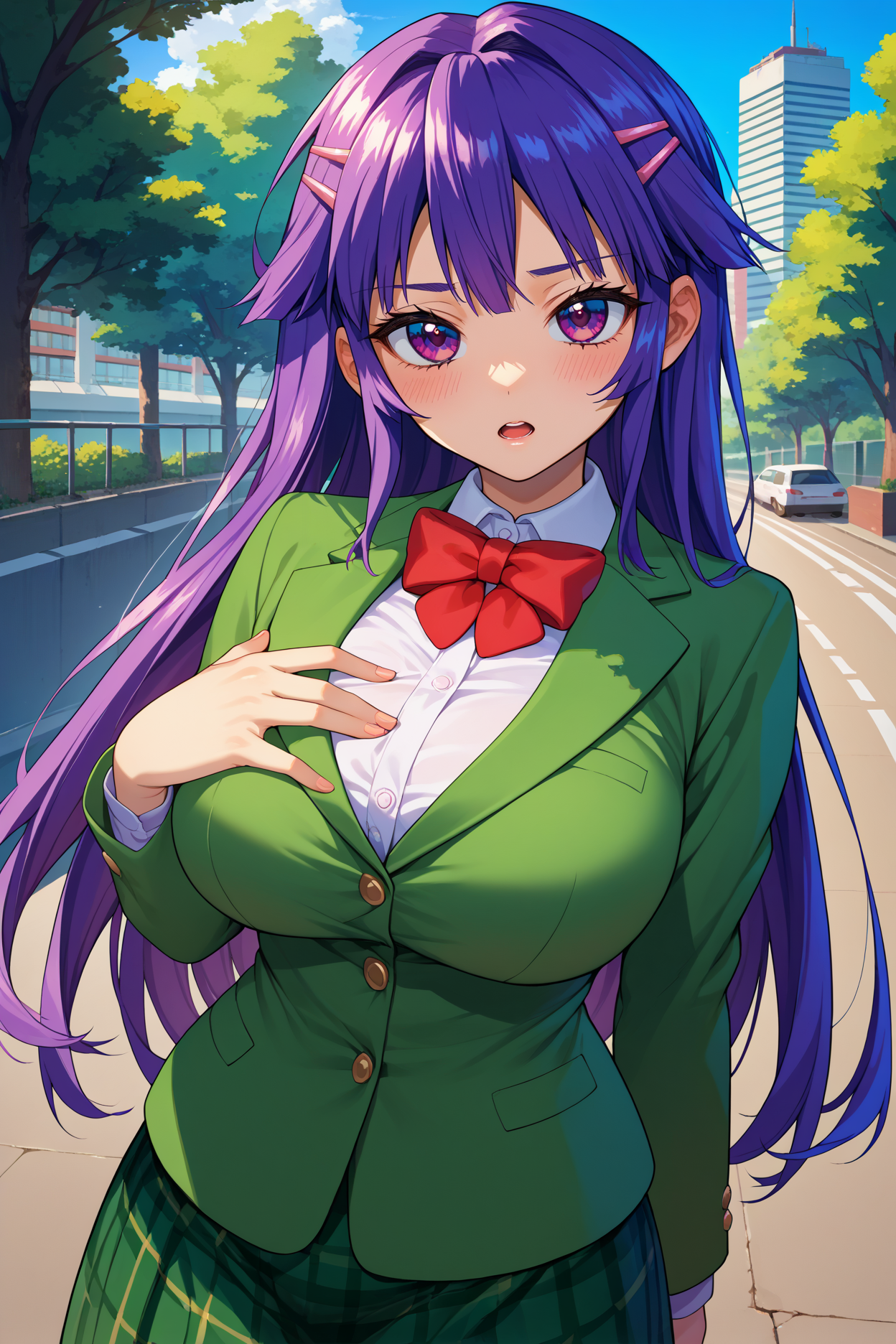 score_9, score_8_up, score_7_up, score_6_up, source_anime, 1girl, solo, <lora:shiinachizuru-pdxl-nvwls-v1-000005:1> schzru, purple hair, long hair, purple eyes, hairclip, green blazer, red bow, bowtie, green skirt, plaid skirt, large breasts, looking at you, trees, city, blush, open mouth, blue sky, hand on own chest
